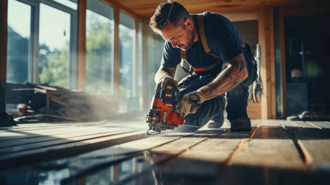 Professional tradesman at work butting flooring